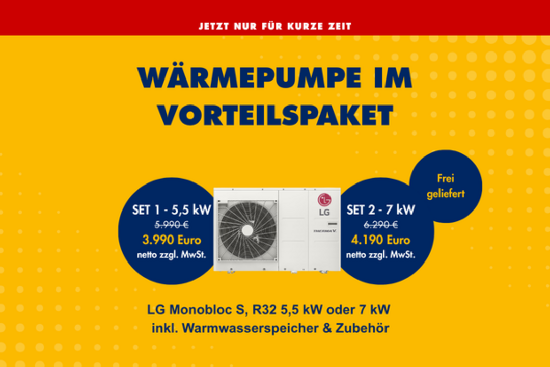 Ein Banner mit JACOB CEMENT-gelbem Hintergrund. Im Mittelpunkt steht zentriert und groß: Wärmepumpe im Vorteilspaket. Darunter finden sich technische Details, die allerdings auch im dazugehörigen Text wiedergegeben werden.