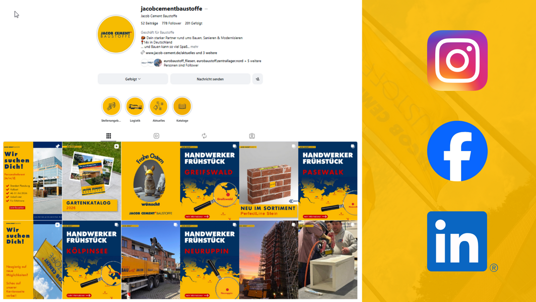 Ein Screenshot des Instagram-Profils von JACOB CEMENT. Daneben sind groß die Logos von Instagram, Facebook/Meta und LinkedIn abgebildet.