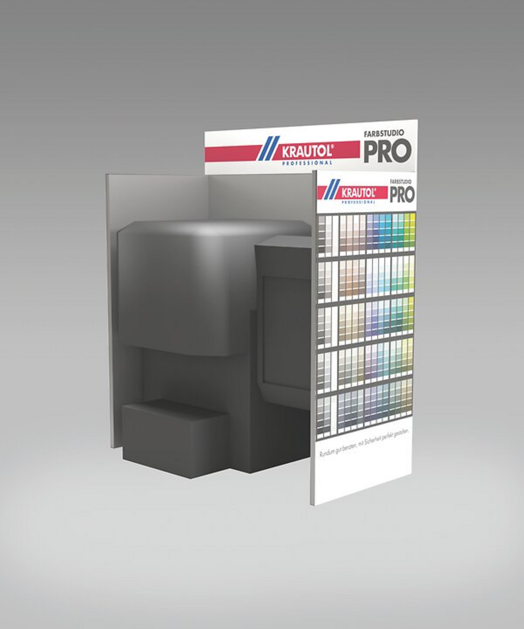 Eine freigestellte Farbmischanlage, umgeben von Stellwänden mit Farbkombinationen darauf, vor einem grauen Farbverlaufshintergrund.