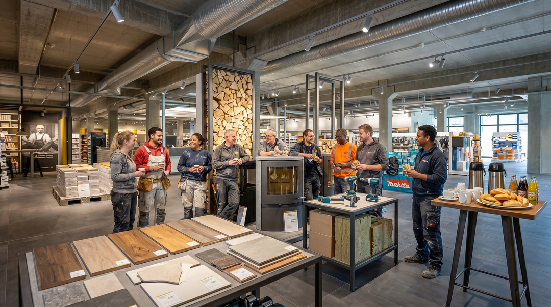 Mehrere Handwerker und zwei Handwerkerinnen stehen ins Gespräch vertieft und lächelnd im Halbkreis in den JACOB CEMENT-Räumlichkeiten. Sie tragen Arbeitskleidung. Im Vordergrund Tische mit Produktproben und einem Tablett mit Brötchen.