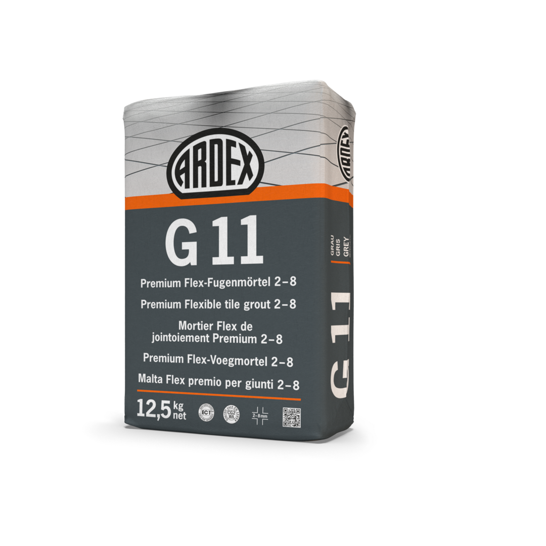 Freisteller eines Sacks ARDEX G11. Auf dem Sack steht: „Premium Flex-Fugenmörtel 2–8“ in verschiedenen Sprachen. Unten steht: „12,5 kg net“, gefolgt von einigen Siegeln.