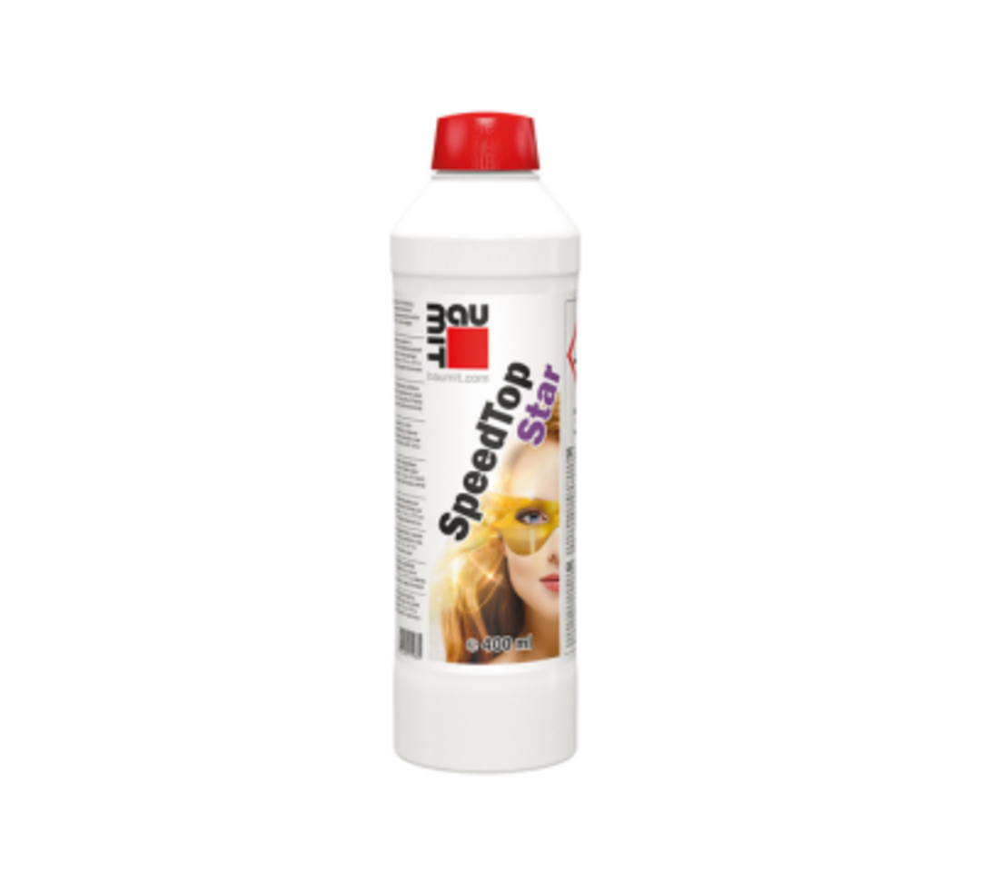 Das Baumit-Speed-Produkt SpeedTop Star, eine Plastikflasche mit rotem Deckel, freigestellt vor weißem Hintergrund.