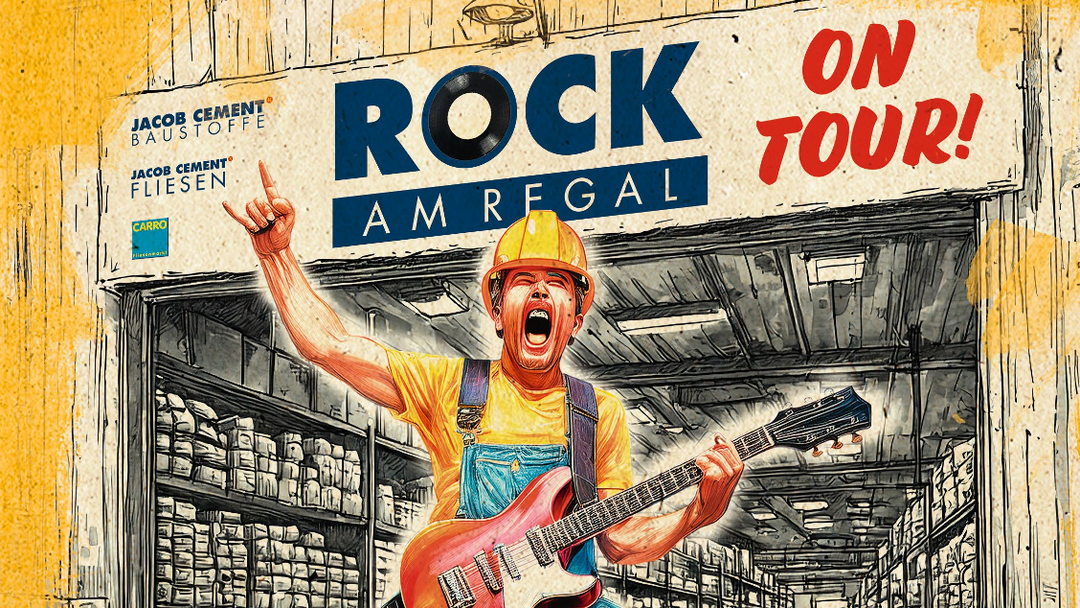 Die digitale Einladung zum ROCK AM REGAL-Event 2026. Sie zeigt die Zeichnung eines Manns in Bauarbeiterkleidung, der eine E-Gitarre hält und eine Grimasse zieht. Darunter steht: ROCK AM REGAL 2026 – und Rocken kann so viel Spaß machen.