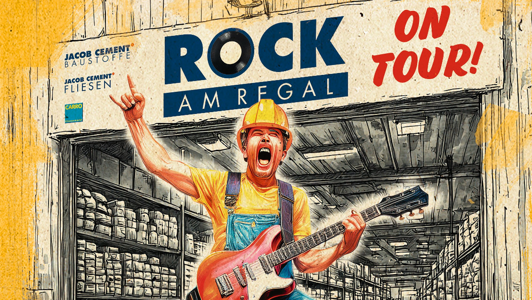 Die digitale Einladung zum ROCK AM REGAL-Event 2026. Sie zeigt die Zeichnung eines Manns in Bauarbeiterkleidung, der eine E-Gitarre hält und eine Grimasse zieht. Darunter steht: ROCK AM REGAL 2026 – und Rocken kann so viel Spaß machen.