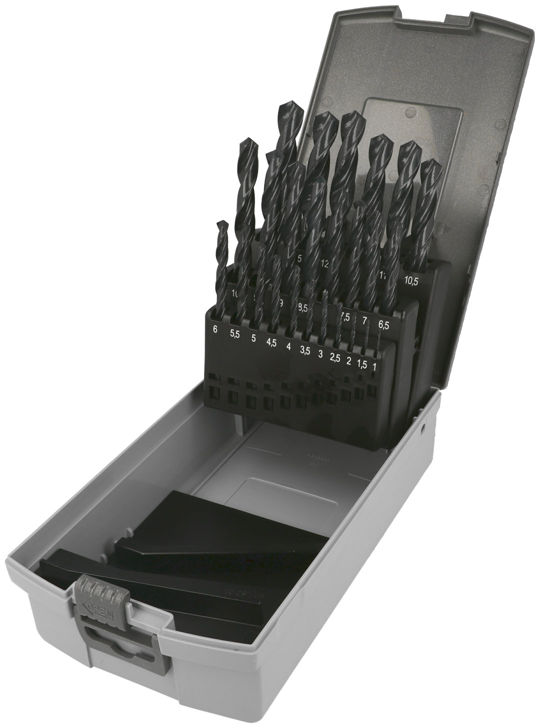 Freigestelltes Heller-Produkt, das geöffnete Case des HSS-R-Stahlbohrers.