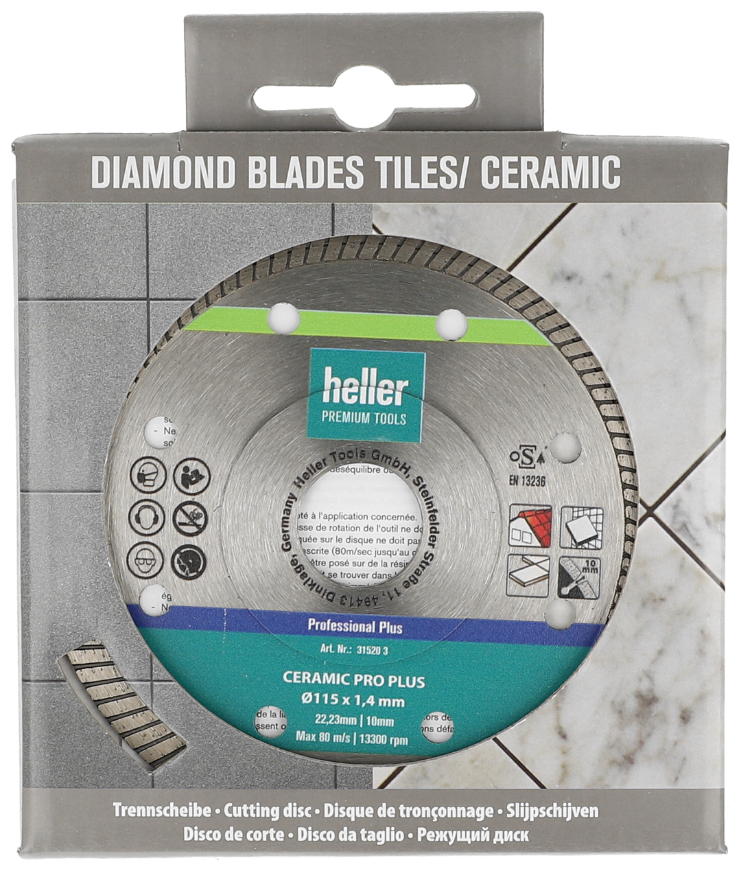 Freigestelltes Heller-Produkt, die Diamantscheibe Ceramic Pro Plus Diamond Blade in den Corporate Colours des Herstellers, in der quadratischen, silbernen Verpackung.