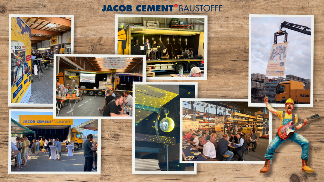 Eine Collage von acht Veranstaltungsfotos von Rock am Regal auf hölzernem Hintergrund. Die Bilder zeigen unter anderem eine Disco-Kugel, Veranstaltungsgäste an Stehtischen und vor einer Bühne, sowie ein großes, von einem Baukran hängendes Veranstaltungsplakat. Rechts ist der charakteristische Rock-am-Regal-Bauarbeiter, bekannt vom Werbematerial, zu sehen.