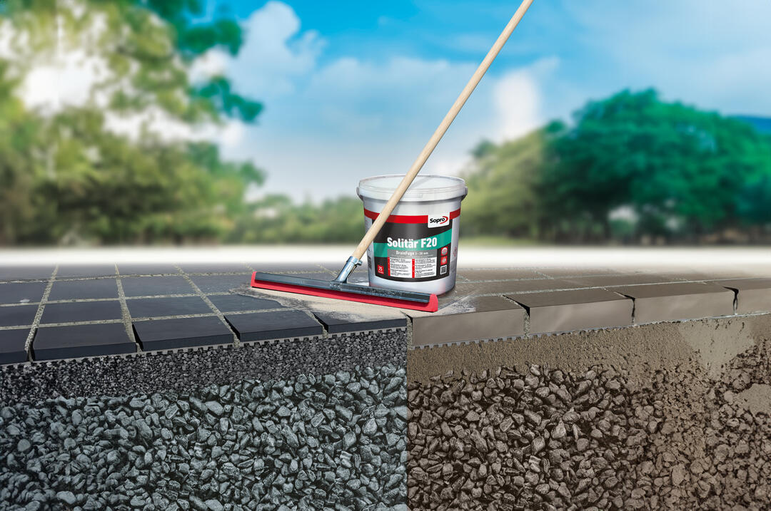Querschnitt einer Terrasse, auf der Sopro-Produkte verarbeitet sind, mit den verschiedenen Verarbeitungsschichten und dem Produkt inklusive Werkzeug auf der Terrasse darüber.