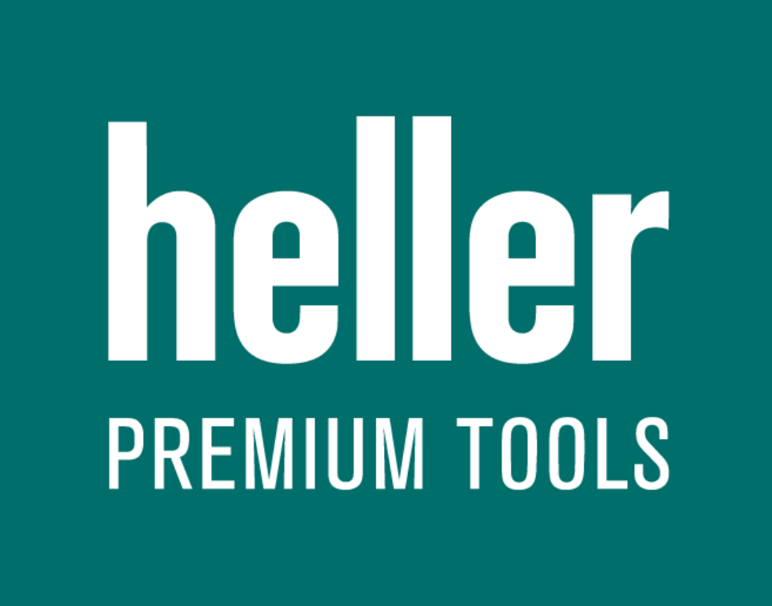 Die heller-Wortmarke, weiß auf grünem Hintergrund: heller Premium Tools.