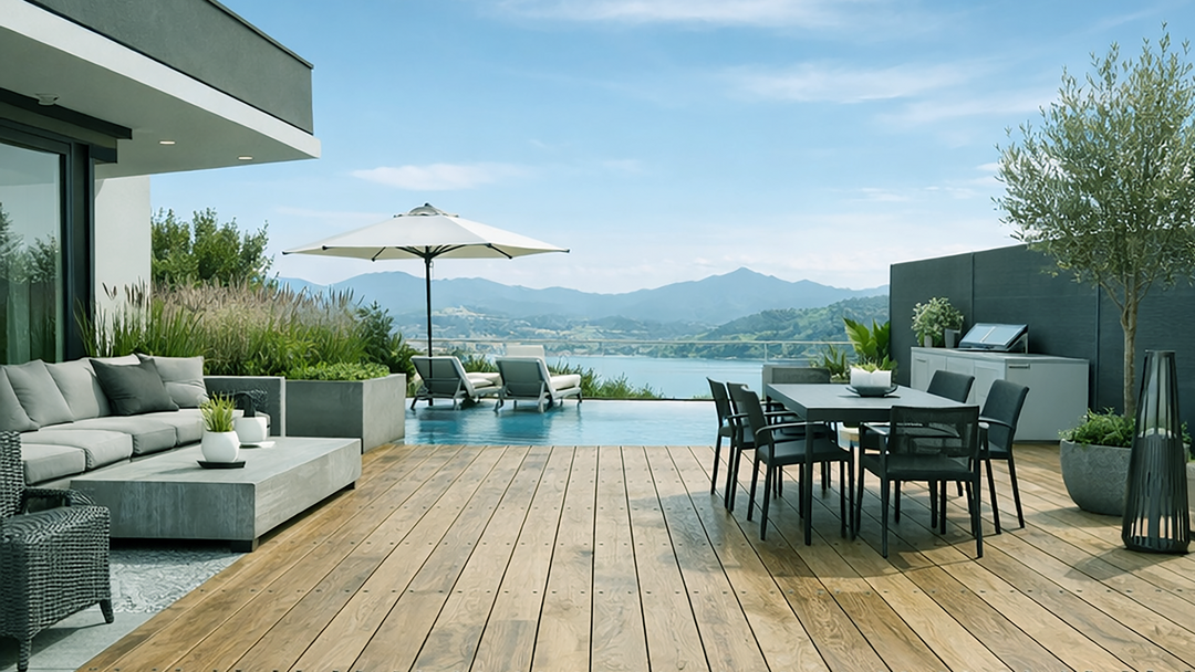 Ambientebild mit einer Holzterrasse von Jorkisch im Stil Robinie.