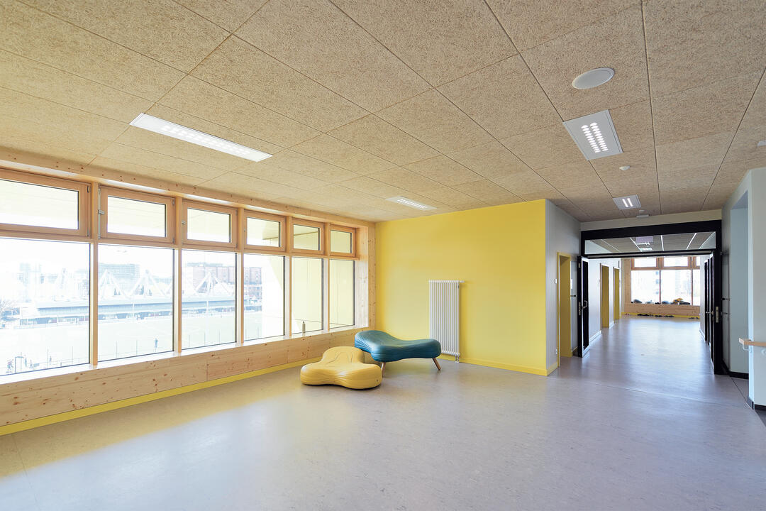 Ein moderner Flur in einer Schule, mit großer Fensterfront, gelben Wänden und einer gemusterten Decke.
