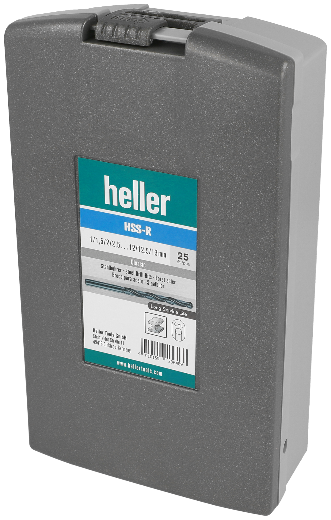 Freigestelltes Heller-Produkt, das geschlossene Case des HSS-R-Stahlbohrers.