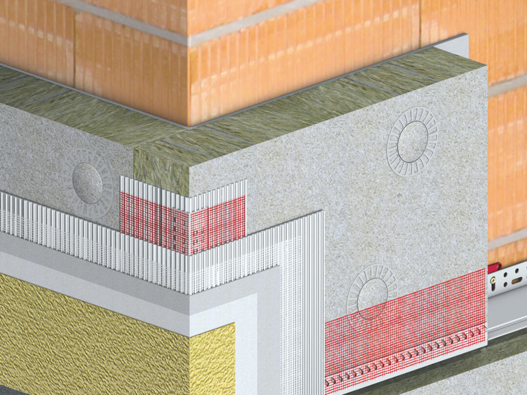 Querschnitt einer Baumit-Dämmfassade mit Mineralwolle.