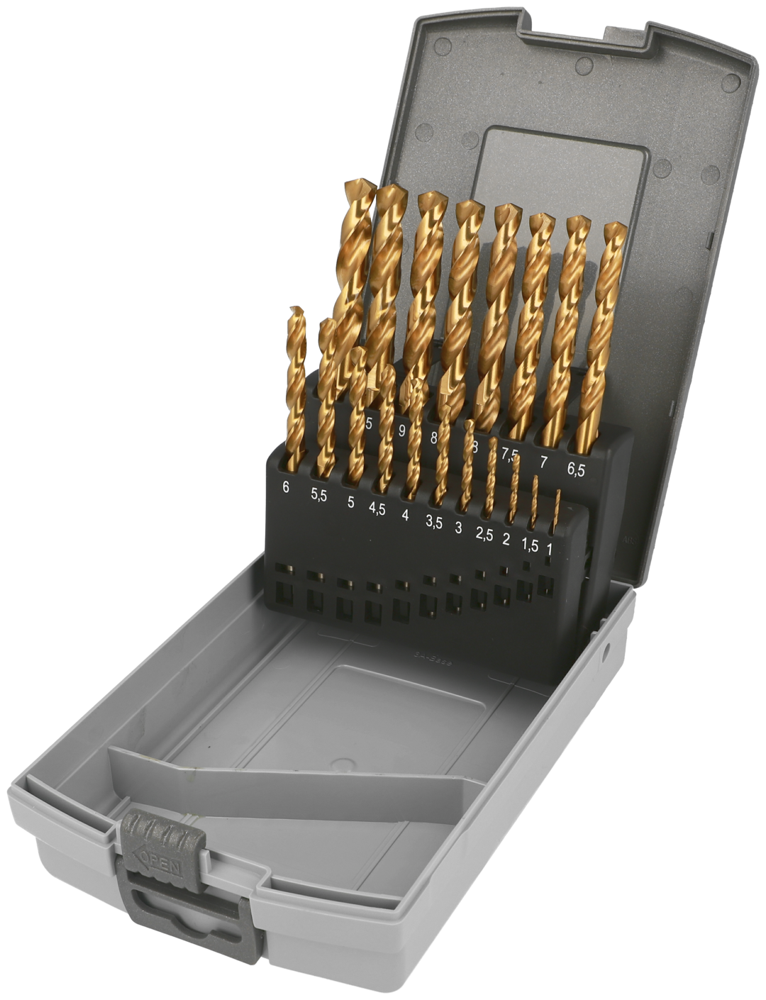 Freigestelltes Heller-Produkt, das geöffnete Case des HSS-R-Stahlbohrers.