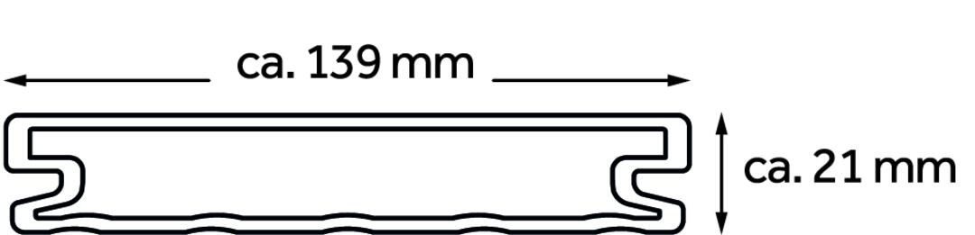 Schematischer Querschnitt einer WPC-Terrassendiele. Angegeben ist, dass die Diele ca. 139 mm breit und ca. 21 mm hoch ist.