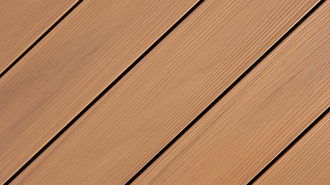 Blick von oben auf eine Dielenfläche im natürlichen Holzlook und der Farbe Haselnuss.