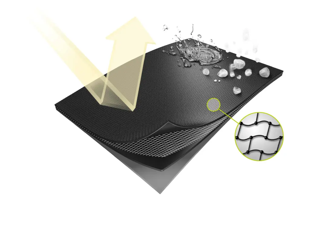 Schematische Darstellung des Aufbaus der Schichten von Resitrix auf weißem Hintergrund mit einer Detailaufnahme der Gewebetextur des Materials.