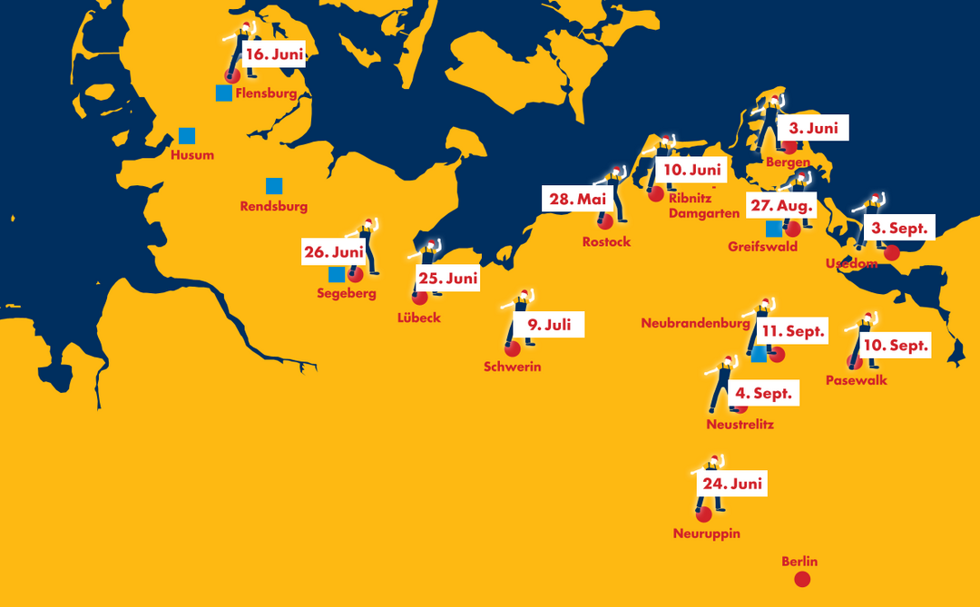 Eine Karte von Norddeutschland mit allen JACOB CEMENT-Standorten und den Daten, an denen die ROCK-AM-REGAL-Tour dort jeweils stoppt. Die Daten sind dem Fließtext des Blogartikels zu entnehmen.