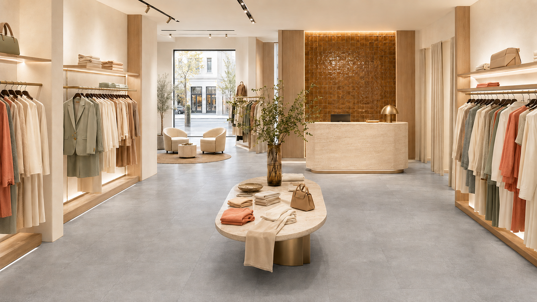 Eine stilvoll geflieste, elegante Boutique in warmem Licht.