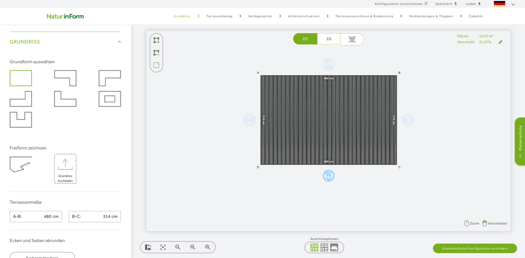 Screenshot der Terrassenplanungssoftware von NaturinForm. Das Interface ist übersichtlich in weiß und hellgrau mit grünen Steuerungselementen.