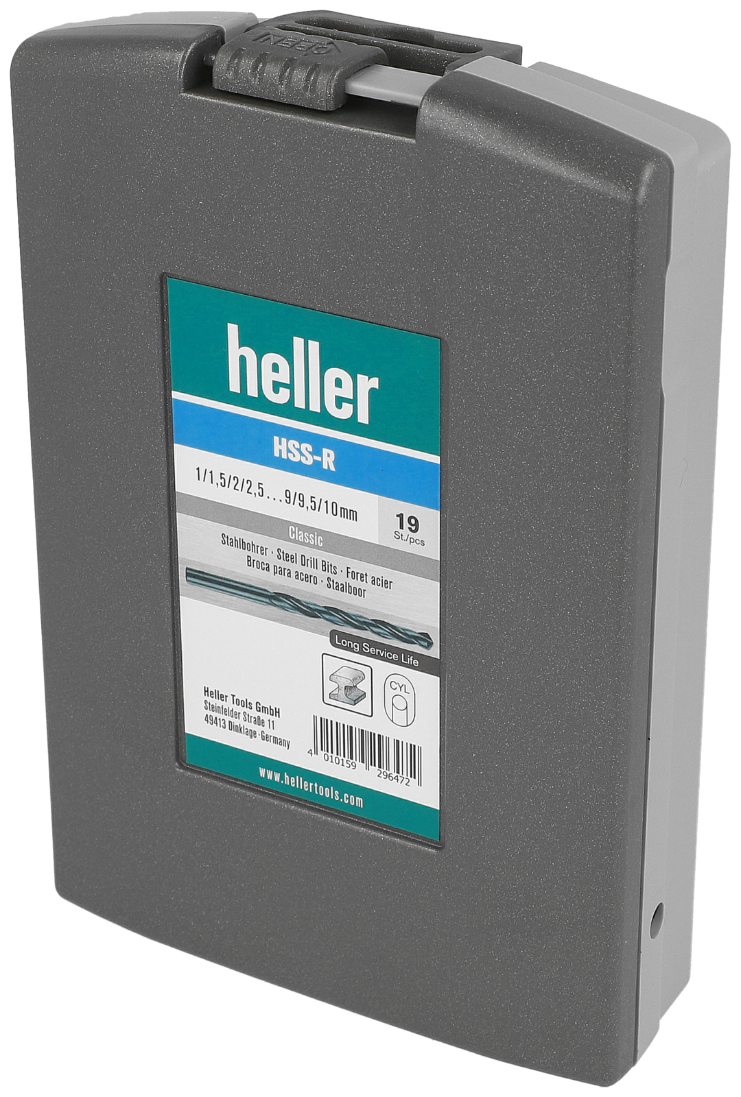 Freigestelltes Heller-Produkt, das geschlossene Case des HSS-R-Stahlbohrers.