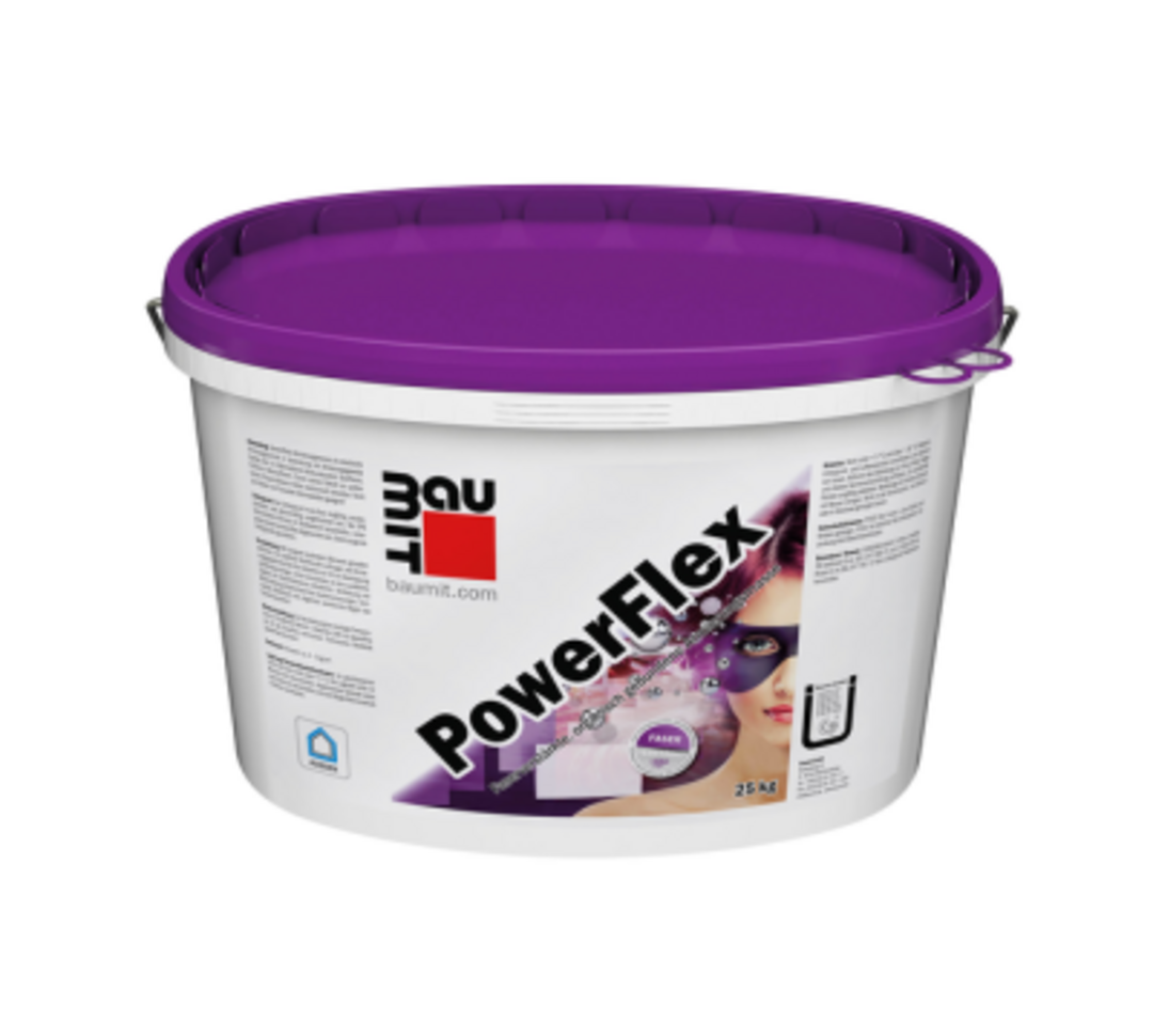 Das Baumit-Speed-Produkt PowerFlex, ein großer Eimer mit violettem Deckel, freigestellt vor weißem Hintergrund.