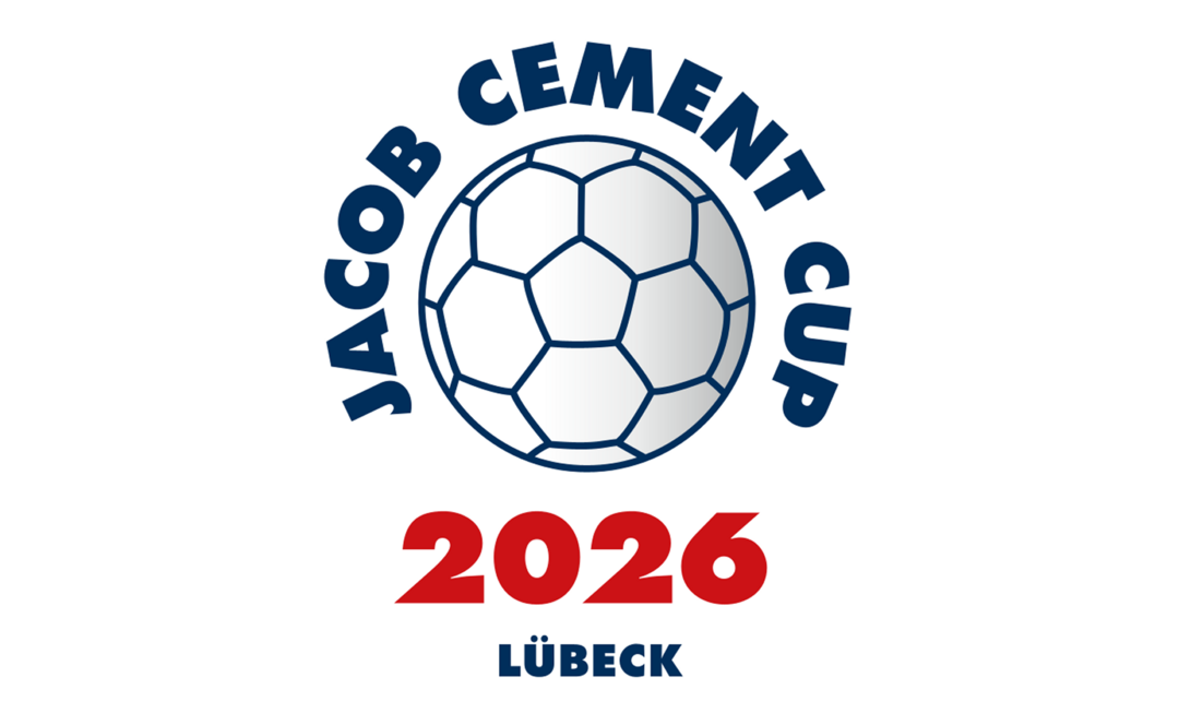 Das Logo des JACOB CEMENT CUPS mit dem Namen, der um einen Handball gewölbt da steht, darunter in roten Lettern „2026“ und das kleiner gedruckte Wort „Lübeck“.