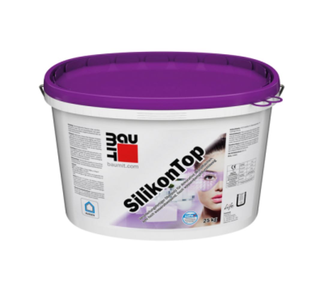 Das Baumit-Speed-Produkt SilikonTop, ein großer Eimer mit violettem Deckel, freigestellt vor weißem Hintergrund.