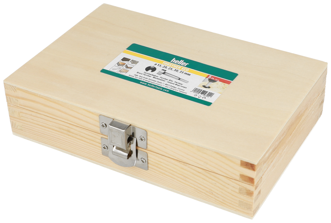 Freigestelltes Heller-Produkt, der Forstnerbohrer Eco in einer rechteckigen geschlossenen Holzschatulle.