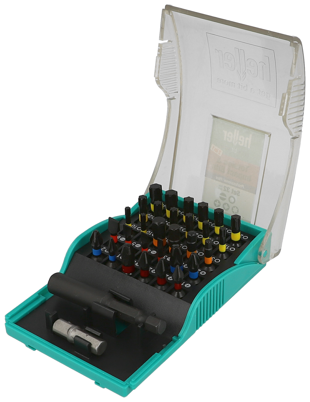 Freigestelltes Heller-Produkt, das offene Torsion Impact Bits-Set mit transparentem Deckel und grünem Behälter.