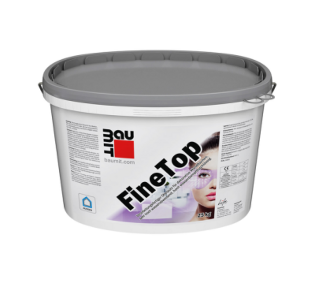 Das Baumit-Speed-Produkt FineTop, ein großer Eimer mit grauem Deckel, freigestellt vor weißem Hintergrund.