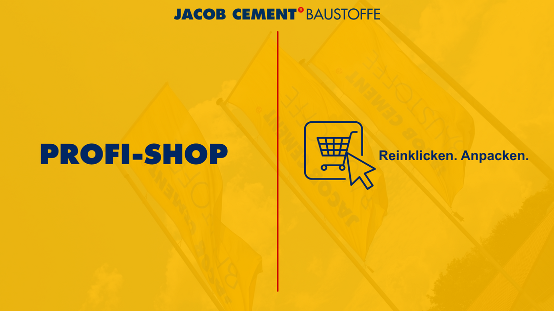 Eine gelbe Fläche, auf der im linken Bereich „Profi-Shop“ steht und auf der rechten Seite ein stilisierter Einkaufswagen abgebildet ist. Neben dem Einkaufswagen-Icon befindet sich ein darauf deutender Mauszeiger. Daneben steht: „Reinklicken. Anpacken.“